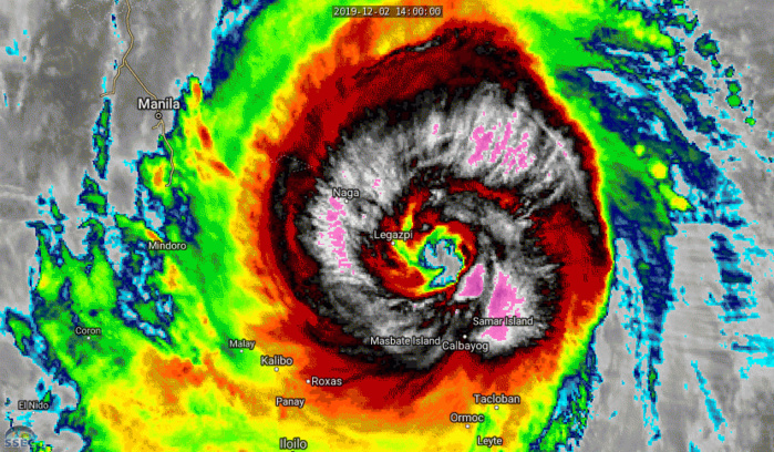 Powerful Typhoon Kammuri(29W), cat 4: tracking over Legazpi at 02/16UTC