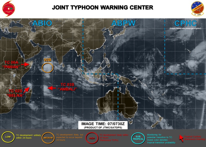TC 02S(BELNA) cat 2 and intensifying. 03S(AMBALI), Invest 92B and 93P: updates 07/09UTC