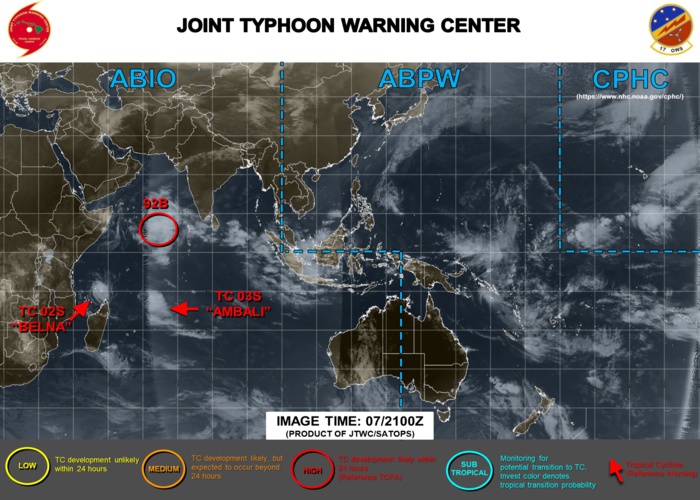 TC 02S(BELNA) cat 3 and intensifying. Invest 92B: TCFA.  TC 03S(AMBALI) & INVEST 94P: updates
