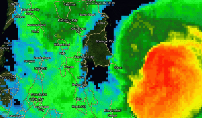 Typhoon Phanfone Update at 12UTC: the eye over Santa Rita just to the North of Tacloban Typhoon Phanfone Update at 12UTC: the eye over Santa Rita just to the North of Tacloban