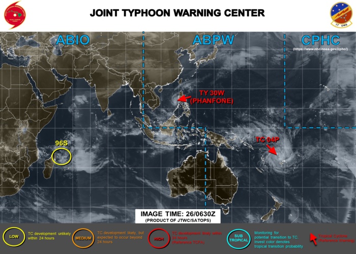Philippines: Phanfone moving away and weakening. Fiji: 04P approaching and strengthening