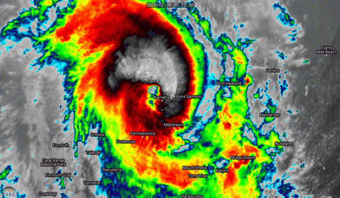 TC 14S(DAMIEN) strong CAT 2 US, landfall near Karratha, top reported gust: 195km/h