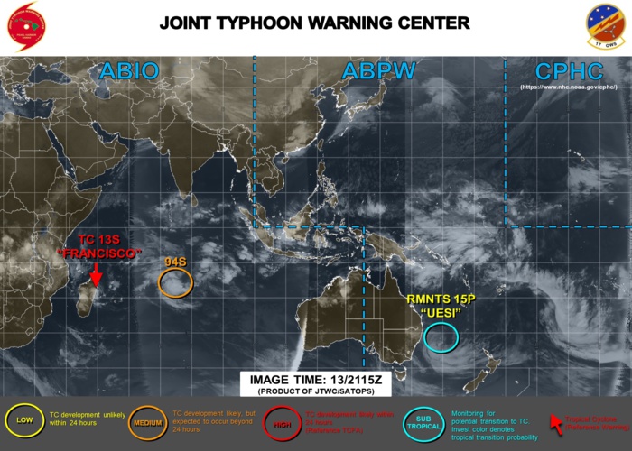 SHEM: 13S(FRANCISCO) intensifying near Madagascar, 15P(UESI) and 94S updates at 14/00UTC