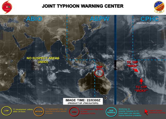 TC 18P(WASI) intensifying. 99P: TCFA. 17P(VICKY), 96P, 90S: updates at 22/03UTC