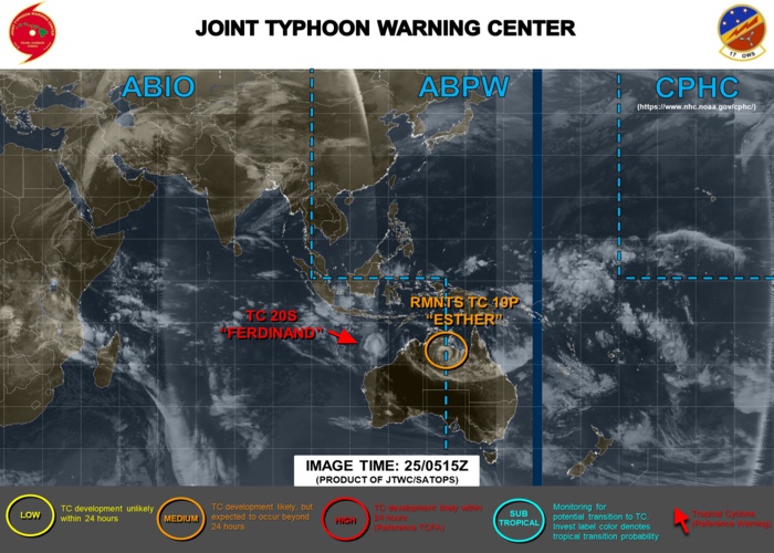 TC 20S(FERDINAND): CAT 1 US and intensifying. 19P(ESTHER): over-land, 25/03UTC update