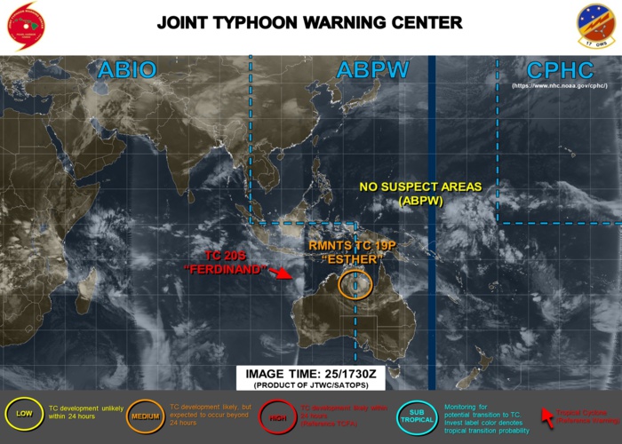TC 20S(FERDINAND): CAT 2 US near peak intensity. Over-land TC 19P(ESTHER): 26/03UTC update TC 20S(FERDINAND): CAT 2 US near peak intensity. Over-land TC 19P(ESTHER): 26/03UTC update