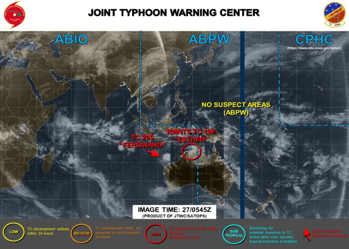 TC 20S(FERDINAND): CAT 1 US weakening rapidly. 19P(ESTHER): Tropical Cyclone Formation Alert