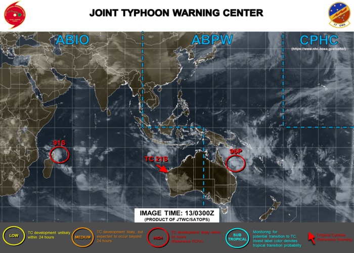 Overland TC 21S, Invest 96P and Invest 91S: updates at 13/03UTC