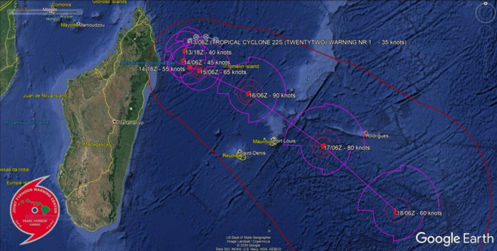 South Indian: Invest 91S is now TC 22S: forecast to intensify to CAT 2 US within 72h 