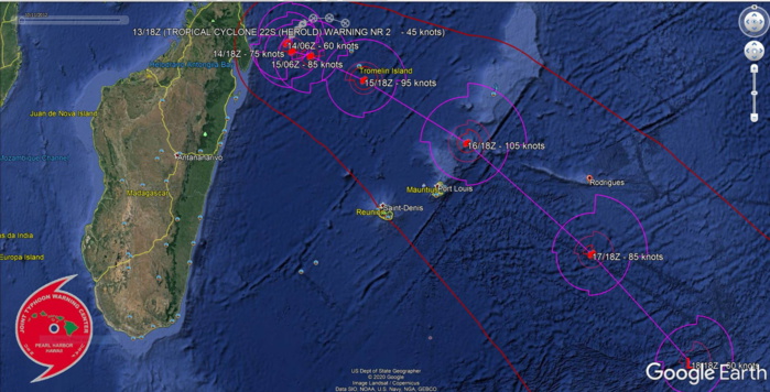 South Indian:TC 22S(HEROLD) forecast to intensify to CAT 3 US while tracking North of Mauritius South Indian:TC 22S(HEROLD) forecast to intensify to CAT 3 US while tracking North of Mauritius