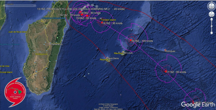 South Indian:TC 22S(HEROLD) forecast to intensify to CAT 3 US while tracking North of Mauritius
