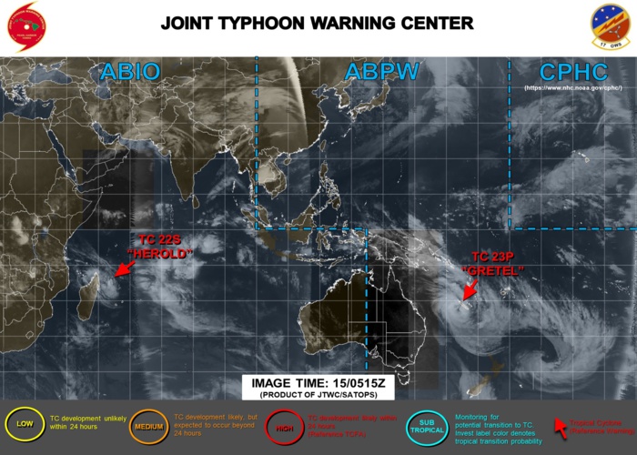 TC 22S(HEROLD): CAT 1 US and intensifying and TC 23P(GRETEL): updates at 15/09UTC