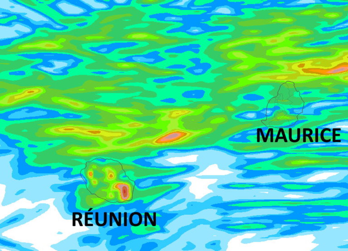 Cumuls de pluie en 42h( jusqu'à mercredi 16h) simulés par le modèle AROME de MÉTÉO-FRANCE. De nombreuses régions des Iles Soeurs devraient d'être mouillées. Des cellules plus actives sont susceptibles de transiter en mer. Une légère déviation de leur déplacement peut les amener sur les terres. Les prévisions restent moins fiables avec des pluies à caractère instable. AROME.MÉTÉO-CIEL