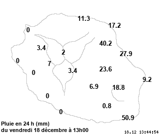 Quelques cumuls intéressants pour la RÉUNION sur 24h rapportés à 13h ce Vendredi. Les pluies font du bien. MÉTÉO RÉUNION