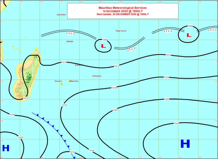 Les deux zones de Basse Pression(L) mentionnées sont bien présentes sur la carte synoptique de 16h de ce Samedi. MMS/Vacoas. Les deux zones de Basse Pression(L) mentionnées sont bien présentes sur la carte synoptique de 16h de ce Samedi. MMS/Vacoas.