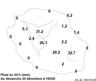 Quelques cumuls de pluie en 24heures relevés à 16heures dans les stations de Météo France Réunion..