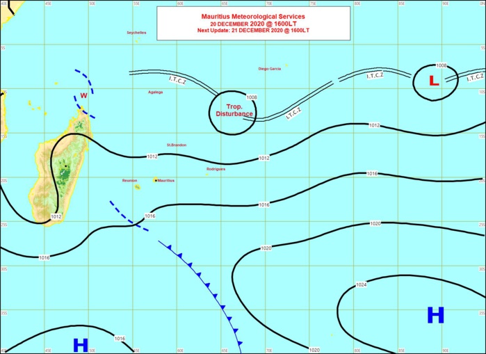 La Zone perturbée 95S est bien repérable sur la carte synoptique de la Météo Mauricienne émise à 16heures ce Dimanche. Plus à l'Est une autre zone suspecte, INVEST 93S ne montre pas de signes d'organisation pour le moment. MMS/Vacoas.