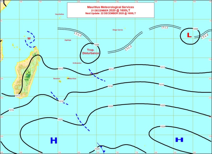 La Perturbation en gestation est bien visible sur la carte synoptique de ce Lundi. MMS/Vacoas. La Perturbation en gestation est bien visible sur la carte synoptique de ce Lundi. MMS/Vacoas.