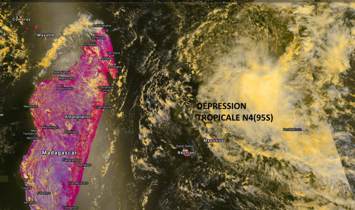 Belle capture du satellite NPP à 14h26. On voit bien le centre partiellement exposé au Nord de la convection. Le système ne parvient pas à être étagé, c'est à dire que les vents en altitude séparent les nuages proches de la surface de ceux en moyenne altitude. Cela freine ou stoppe l'intensification. NOAA. PH.