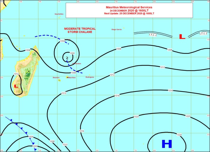 Situation de surface analysée à 16heures ce Jeudi. MMS/Vacoas.