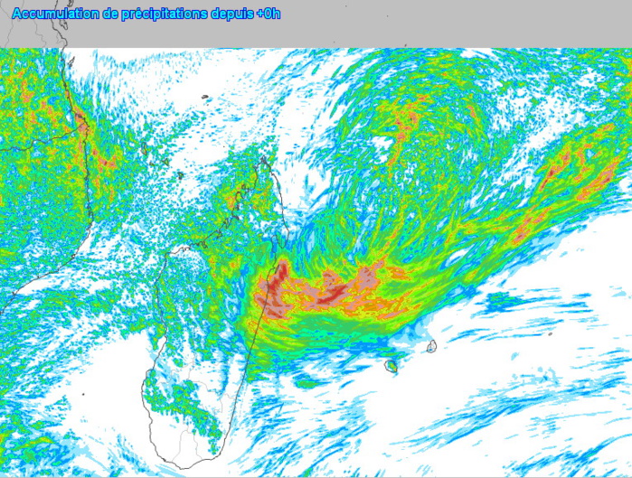 D'ici Samedi soir la côte Est de la Grande Ile dans les régions de Sainte-Marie et de Toamasina semble promise à des précipitations significatives. Arome. Météo France. MCIEL.