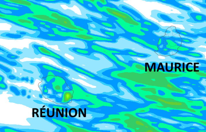 Accumulations sur 42heures des pluies selon le modèle Arome. Voir annotations plus haut. Simulation valable jusqu'à Mercredi 16h. Météo France. MCIEL.