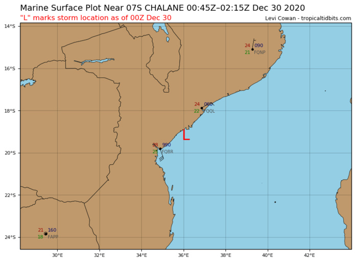 L= CENTER LOCATION AT 30/00UTC FOR TC 07S(CHALANE): APPRX 145KM NORTHEAST OF BEIRA/MOZAMBIQUE. L= CENTER LOCATION AT 30/00UTC FOR TC 07S(CHALANE): APPRX 145KM NORTHEAST OF BEIRA/MOZAMBIQUE.