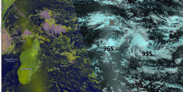 Image composite des satellites défilants NPP et NOAA-20 qui sont passés sur notre zone cet après-midi. Les deux zones dépressionnaires sont encore loin à l'Est-Nord-Est des Mascareignes.