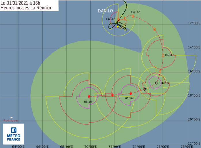 Prévisions de trajectoire et d'intensité pour DANILO(96S) émises par le Centre Cyclone de la Réunion à 16heures ce Vendredi. CMRS.