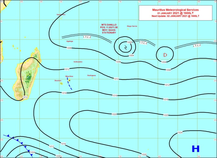 Carte synotique. Analyse de surface de 16heures ce Vendredi. MMS/Vacoas. Carte synotique. Analyse de surface de 16heures ce Vendredi. MMS/Vacoas.