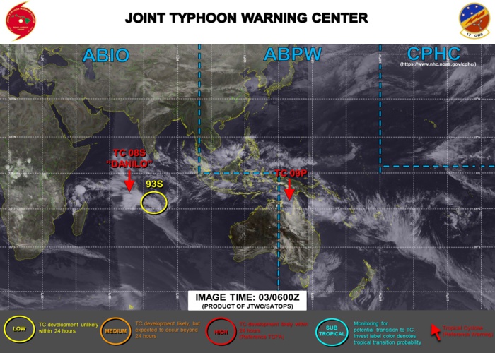 Invest 97P is now TC 09P over the Gulf of Carpentaria. Warning 7 for TC 08S(DANILO) and Warning 1 for TC 09P will be posted near 03/0930UTC.