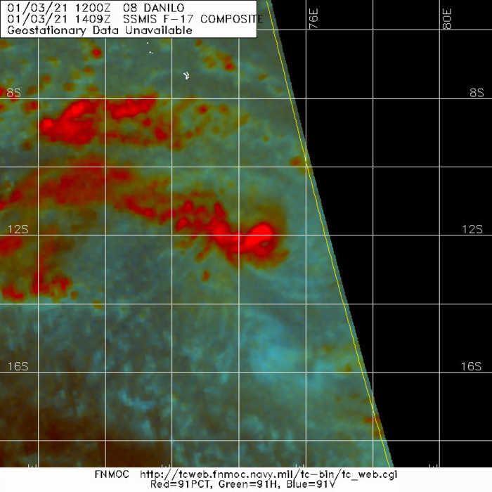 MICROWAVE IMAGE SHOWS THE DEEPEST CONVECTION LIES IN THE NORTHWESTERN QUADRANT WITH WEAKER CONVECTION WRAPPING INTO A WEAKLY DEFINED MICROWAVE EYE FEATURE