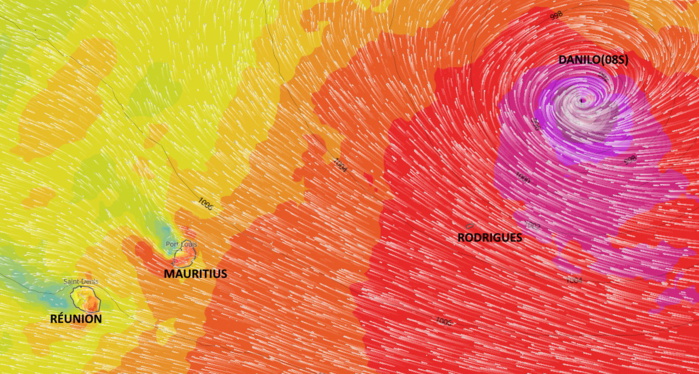 Le vent commence à se renforcer sensiblement par l'Est des Mascareignes Jeudi et Vendredi alors que DANILO se rapproche. Toutefois il est encore difficile de préciser avec un bon degré de confiance quelle sera l'intensité exacte du phénomène une fois en approche des ILES SOEURS.MB/PH
