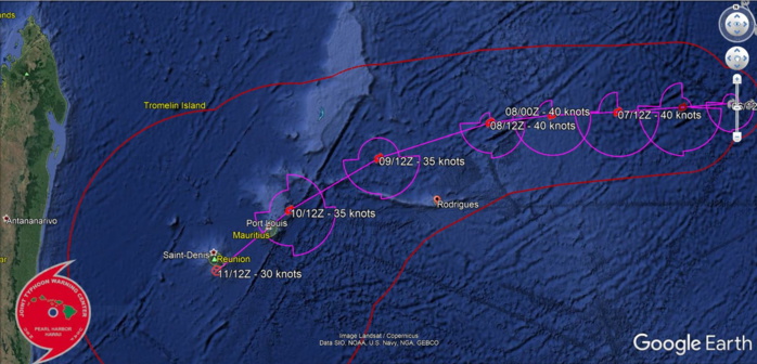 TC 08S WILL MOVE WESTWARD UP TO 48H THEN WEST-SOUTHWESTWARD AS IT BEGINS TO ROUND THE WESTERN EDGE OF THE SUBTROPICAL RIDGE. THE MARGINALLY FAVORABLE ENVIRONMENT WILL FUEL A SLIGHT INTENSIFICATION TO 40KNOTS BY 12H- SUSTAINED UP TO 48H. AFTERWARD, COOLING SEAS AND DIMINISHING OUTFLOW INDUCED BY AN APPROACHING MID-LATITUDE TROUGH WILL GRADUALLY ERODE THE SYSTEM LEADING TO DISSIPATION BY 120H AFTER IT TRACKS OVER MAURITIUS AND LA REUNION. TC 08S WILL MOVE WESTWARD UP TO 48H THEN WEST-SOUTHWESTWARD AS IT BEGINS TO ROUND THE WESTERN EDGE OF THE SUBTROPICAL RIDGE. THE MARGINALLY FAVORABLE ENVIRONMENT WILL FUEL A SLIGHT INTENSIFICATION TO 40KNOTS BY 12H- SUSTAINED UP TO 48H. AFTERWARD, COOLING SEAS AND DIMINISHING OUTFLOW INDUCED BY AN APPROACHING MID-LATITUDE TROUGH WILL GRADUALLY ERODE THE SYSTEM LEADING TO DISSIPATION BY 120H AFTER IT TRACKS OVER MAURITIUS AND LA REUNION.