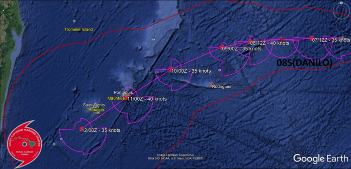 TC 08S IS FORECAST TO TRACK  GENERALLY WESTWARD THROUGH 48H. THE SYSTEM IS FORECAST TO REACH A PEAK  INTENSITY OF 40 KNOTS AT 24H BEFORE WEAKENING TO 35 KNOTS AT  48H. AFTER 48H, THE SYSTEM WILL TURN WEST-SOUTHWESTWARD PEAKING AGAIN TO 40 KNOTS AT  96H BEFORE BEGINNING TO DISSIPATE FOR THE REMAINDER OF THE FORECAST AS THE SYSTEM ENTERS  COOLER SEAS (26C). TC 08S IS FORECAST TO TRACK  GENERALLY WESTWARD THROUGH 48H. THE SYSTEM IS FORECAST TO REACH A PEAK  INTENSITY OF 40 KNOTS AT 24H BEFORE WEAKENING TO 35 KNOTS AT  48H. AFTER 48H, THE SYSTEM WILL TURN WEST-SOUTHWESTWARD PEAKING AGAIN TO 40 KNOTS AT  96H BEFORE BEGINNING TO DISSIPATE FOR THE REMAINDER OF THE FORECAST AS THE SYSTEM ENTERS  COOLER SEAS (26C).