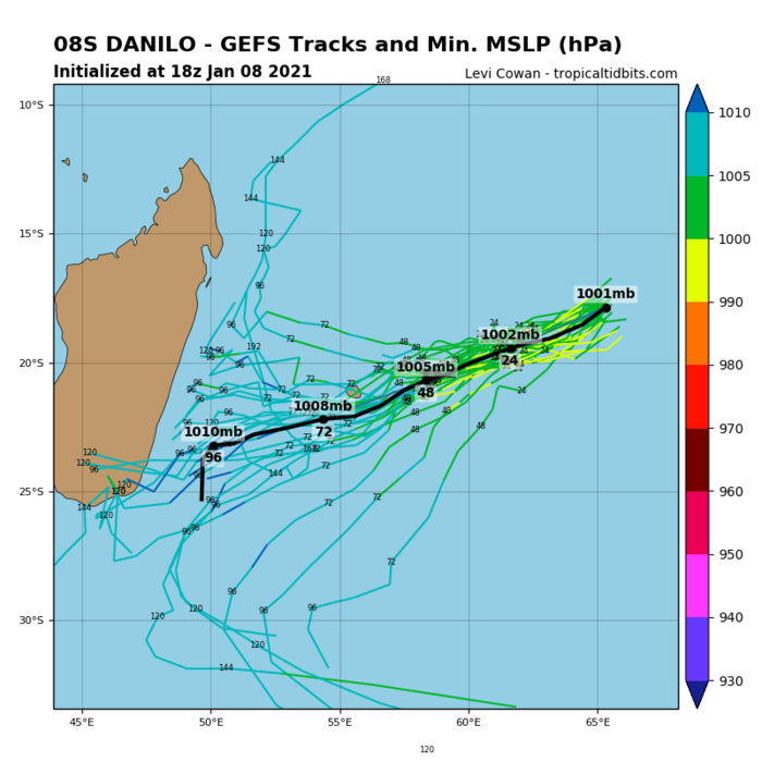 08/18UTC. GFS TRACKS A WEAKENING SYSTEM TO THE SOUTHEAST OF MAURITIUS/RÉUNION.