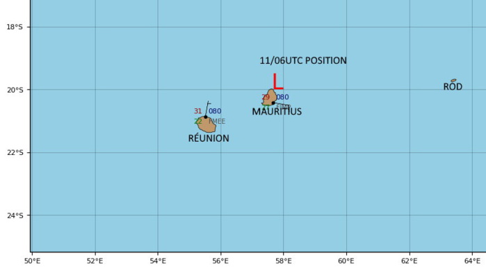 REMNANTS OF 08S(DANILO). VERY WEAK SYSTEM LOCATED APPRX 65KM TO MAURITIUS AT 11/06UTC.