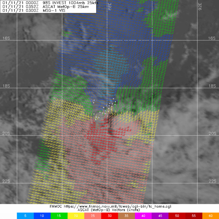 11/0352UTC. INVEST 98S. ASCAT DEPICTED STRONG WINDS SOUTH OF THE EXPOSED LOW LEVEL CIRCULATION CENTER WHICH HAS BECOME LESS DEFINED. 11/0352UTC. INVEST 98S. ASCAT DEPICTED STRONG WINDS SOUTH OF THE EXPOSED LOW LEVEL CIRCULATION CENTER WHICH HAS BECOME LESS DEFINED.