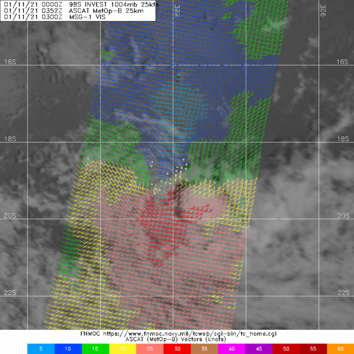 11/0352UTC. INVEST 98S. ASCAT DEPICTED STRONG WINDS SOUTH OF THE EXPOSED LOW LEVEL CIRCULATION CENTER WHICH HAS BECOME LESS DEFINED.