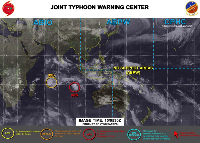 15/06UTC. INVEST 90S IS STILL HIGH WHEREAS INVEST 99S IS STILL MEDIUM FOR THE NEXT 24 HOURS.