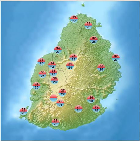 Tempéatures maximales sous abri ce Samedi à MAURICE. Il fallait être à Grand-Bassin pour respirer. Même Mon Bois affiche 27°. 31° à 4 Bornes ou encore 30° à Vacoas. MMS/Vacoas.