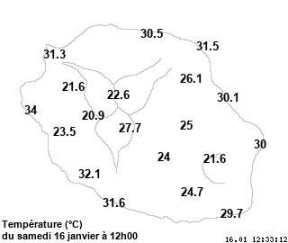 A la RÉUNION en dehors des 34° de la Pointe des 3 Bassins on peut noter les 29° de Cilaos à 1200m d'altitude. Gros soleil sur le Nord-Est aussi avec 32° près de Saint André. 24° à Bourg Murât. Météo France. Météo Réunion.