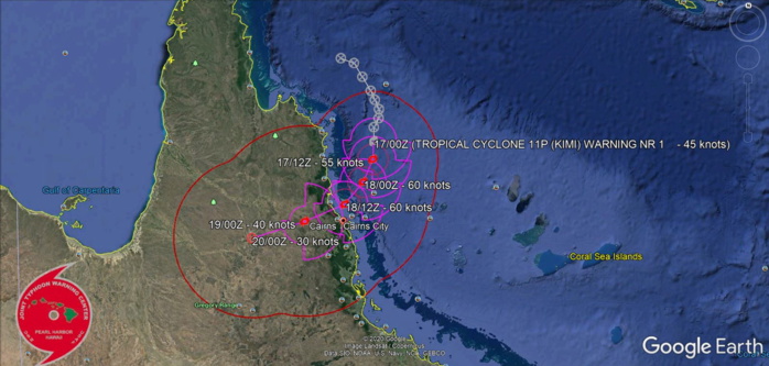 WARNING 1: PEAK INTENSITY OF 60KNOTS FORECAST BY 24H WITH LANDFALL FORECAST SHORTLY AFTER 36H NORTH OF CAIRNS/AUSTRALIA.