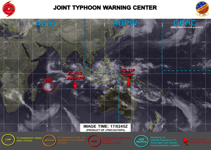 17/0245UTC. OVER THE SOUTH INDIAN OCEAN 10S(JOSHUA) IS A MINIMAL 35KNOTS SYSTEM WHEREAS INVEST 99S CONTINUES TO SLOWLY CONSOLIDATE. 17/0245UTC. OVER THE SOUTH INDIAN OCEAN 10S(JOSHUA) IS A MINIMAL 35KNOTS SYSTEM WHEREAS INVEST 99S CONTINUES TO SLOWLY CONSOLIDATE.