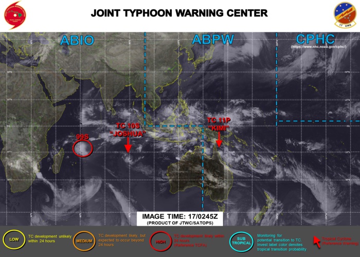 17/0245UTC. OVER THE SOUTH INDIAN OCEAN 10S(JOSHUA) IS A MINIMAL 35KNOTS SYSTEM WHEREAS INVEST 99S CONTINUES TO SLOWLY CONSOLIDATE.