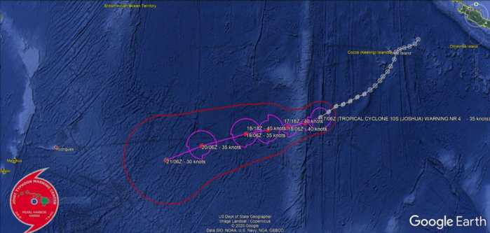 10S(JOSHUA). WARNING 4. PEAK INTENSITY OF 40KNOTS FORECAST WITHIN THE NEXT 36HOURS BEFORE STEADY WEAKENING.