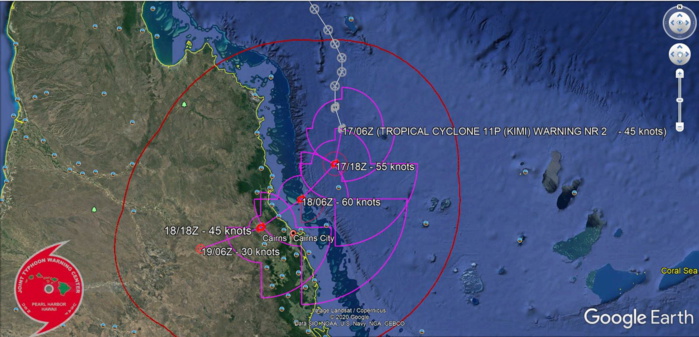 11P(KIMI). WARNING 2. TC 11P IS FORECAST TO TRACK SLOWLY SOUTHWARD THROUGH 12H WITHIN A  COMPETING STEERING ENVIRONMENT BUT SHOULD GRADUALLY TURN  SOUTHWESTWARD THEN WEST-SOUTHWESTWARD AS A SUBTROPICAL RIDGE BUILDS  TO THE SOUTH.TC 11P IS EXPECTED TO INTENSIFY TO A PEAK  INTENSITY OF 60 KNOTS BY  24H WITH RAPID WEAKENING OVER LAND AND  DISSIPATION BY 48H. THERE IS SOME UNCERTAINTY IN THE PEAK  INTENSITY AS MIDGET CYCLONES CAN RAPIDLY INTENSIFY UNEXPECTEDLY.