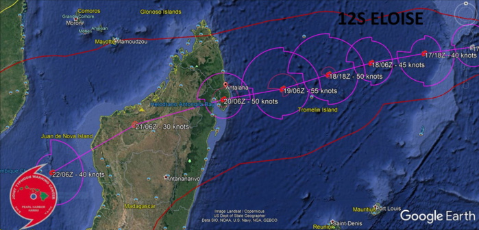 12S(ELOISE). WARNING 1. 12S IS FORECAST TO TRACK WEST-SOUTHWESTWARD THROUGH THE  FORECAST PERIOD ALONG THE NORTHERN FLANK OF A DEEP-LAYERED  SUBTROPICAL RIDGE ENTRENCHED TO THE SOUTH.12S IS FORECAST TO STEADILY INTENSIFY TO A PEAK OF  55 KNOTS BY 48H AS IT APPROACHES THE NORTHEAST COAST OF  MADAGASCAR. HOWEVER, THE SYSTEM MAY PEAK HIGHER AFTER 48H PRIOR  TO MAKING LANDFALL NEAR 72H SOUTH OF ANTALAHA. AFTER 72H, TC 12S WILL RAPIDLY  WEAKEN OVER THE MOUNTAINOUS TERRAIN OF MADAGASCAR WITH DISSIPATION  ANTICIPATED BY 96H. TC 12S IS FORECAST TO RE-INTENSIFY AS IT  EMERGES OVER THE MOZAMBIQUE CHANNEL NEAR 108H. 12S(ELOISE). WARNING 1. 12S IS FORECAST TO TRACK WEST-SOUTHWESTWARD THROUGH THE  FORECAST PERIOD ALONG THE NORTHERN FLANK OF A DEEP-LAYERED  SUBTROPICAL RIDGE ENTRENCHED TO THE SOUTH.12S IS FORECAST TO STEADILY INTENSIFY TO A PEAK OF  55 KNOTS BY 48H AS IT APPROACHES THE NORTHEAST COAST OF  MADAGASCAR. HOWEVER, THE SYSTEM MAY PEAK HIGHER AFTER 48H PRIOR  TO MAKING LANDFALL NEAR 72H SOUTH OF ANTALAHA. AFTER 72H, TC 12S WILL RAPIDLY  WEAKEN OVER THE MOUNTAINOUS TERRAIN OF MADAGASCAR WITH DISSIPATION  ANTICIPATED BY 96H. TC 12S IS FORECAST TO RE-INTENSIFY AS IT  EMERGES OVER THE MOZAMBIQUE CHANNEL NEAR 108H.