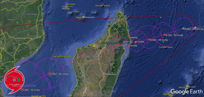 12S(ELOISE). WARNING 3. FORECAST TO TRACK WEST- SOUTHWESTWARD THROUGH THE FORECAST PERIOD ALONG THE NORTHWESTERN  FLANK OF A DEEP-LAYERED SUBTROPICAL RIDGE ENTRENCHED TO THE  SOUTHEAST AND SOUTH. 12S IS FORECAST TO STEADILY  INTENSIFY TO A PEAK OF 60 KNOTS BY 36H AS IT APPROACHES THE  NORTHEAST COAST OF MADAGASCAR JUST SOUTH OF ANTALAHA. THE SYSTEM WILL WEAKEN RAPIDLY AFTER  MAKING LANDFALL NEAR 48H, AND INTENSITY WILL FALL BELOW 35KNOTS OVER THE MOUNTAINOUS  TERRAIN OF MADAGASCAR BY 72H. AFTER 72H, 12S IS FORECAST TO  RE-INTENSIFY AS IT EMERGES OVER THE MOZAMBIQUE CHANNEL.