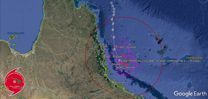 11P(KIMI). WARNING 6.THE SYSTEM IS TRACKING SLOWLY SOUTH-SOUTHEASTWARD  WITH RECENT RADAR IMAGERY SHOWING AN EASTWARD TURN.WILL BECOME QUASI- STATIONARY OVER THE NEXT 12-24 HOURS WITH AN EQUATORWARD TRACK  CHANGE BY 36H. AFTER 36H, INCREASING LOW-LEVEL SOUTHERLY FLOW  (WITH COOLER, MORE STABLE AIR) IS EXPECTED TO WEAKEN THE SYSTEM AND  STEER IT NORTH-NORTHWESTWARD WITH INTENSITY FALLING BELOW 35KNOTS ANTICIPATED BY 72H.